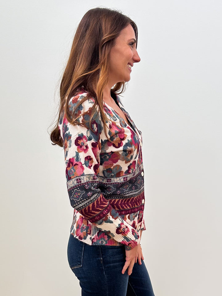 LONG SLEEVE BIG FLORAL CARDIGAN - BERRY