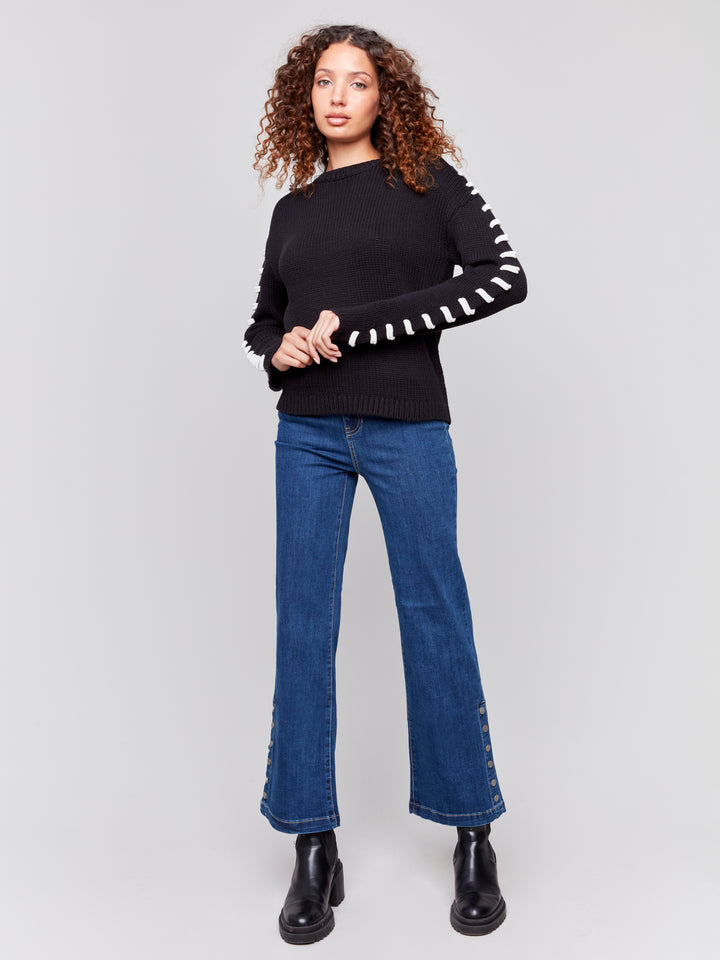 COTTON KNIT SWEATER W/SHOULDER STITCH DETAIL - BLACK