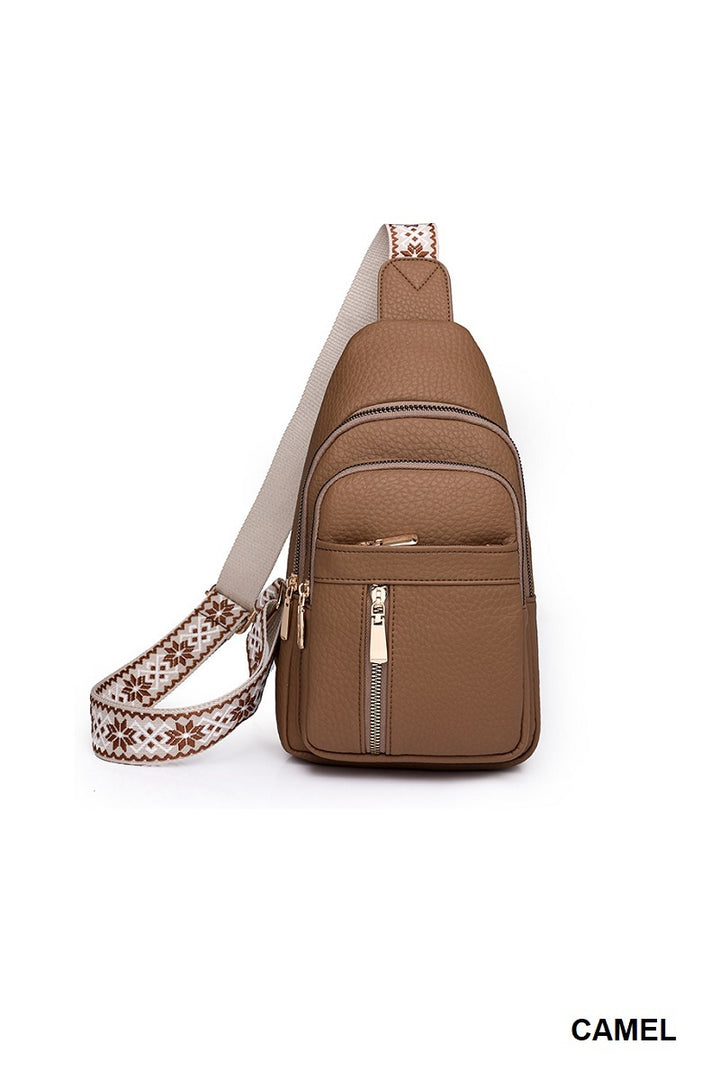 VEGAN LEATHER CROSSBODY SLING BAG, CAMEL