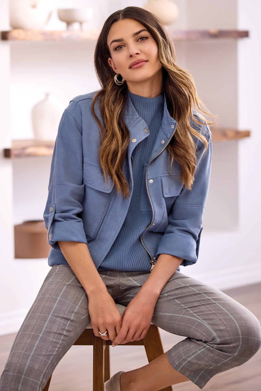 LONG SLEEVE FRONT JACKET W/DOUBLE POCKETS - SLATE BLUE