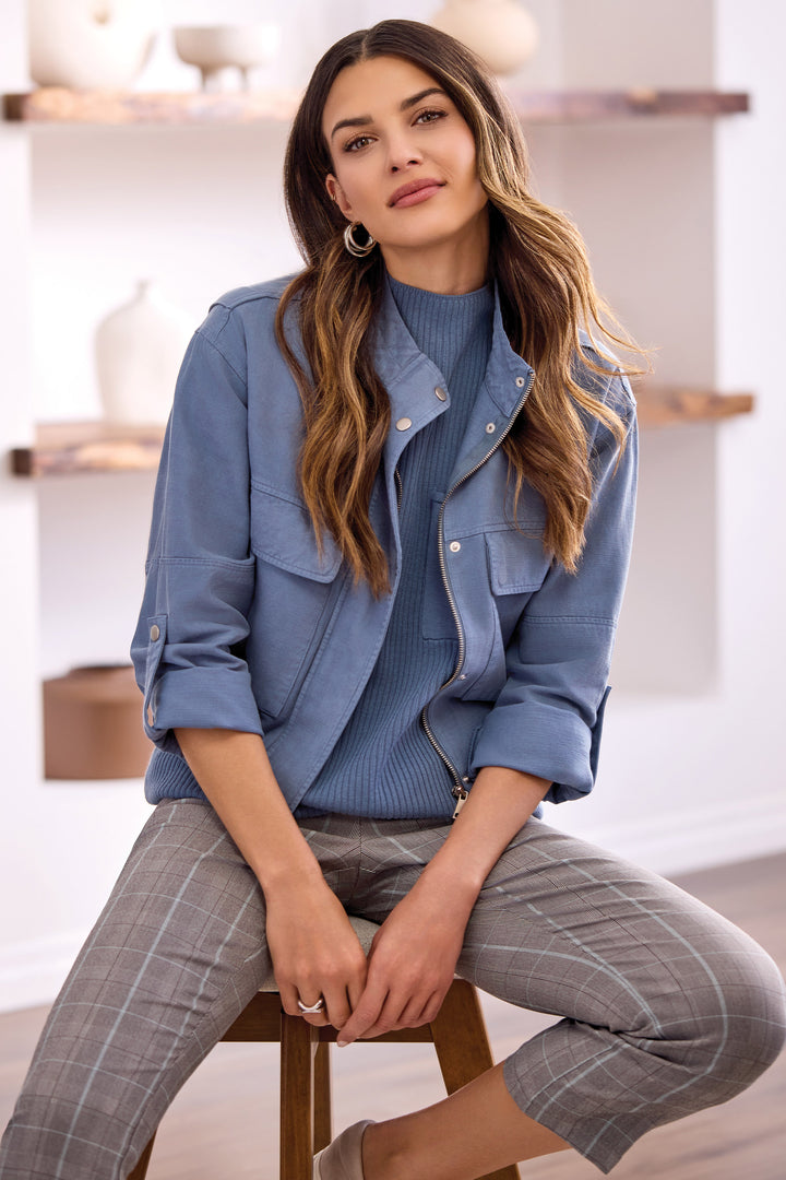 LONG SLEEVE FRONT JACKET W/DOUBLE POCKETS - SLATE BLUE