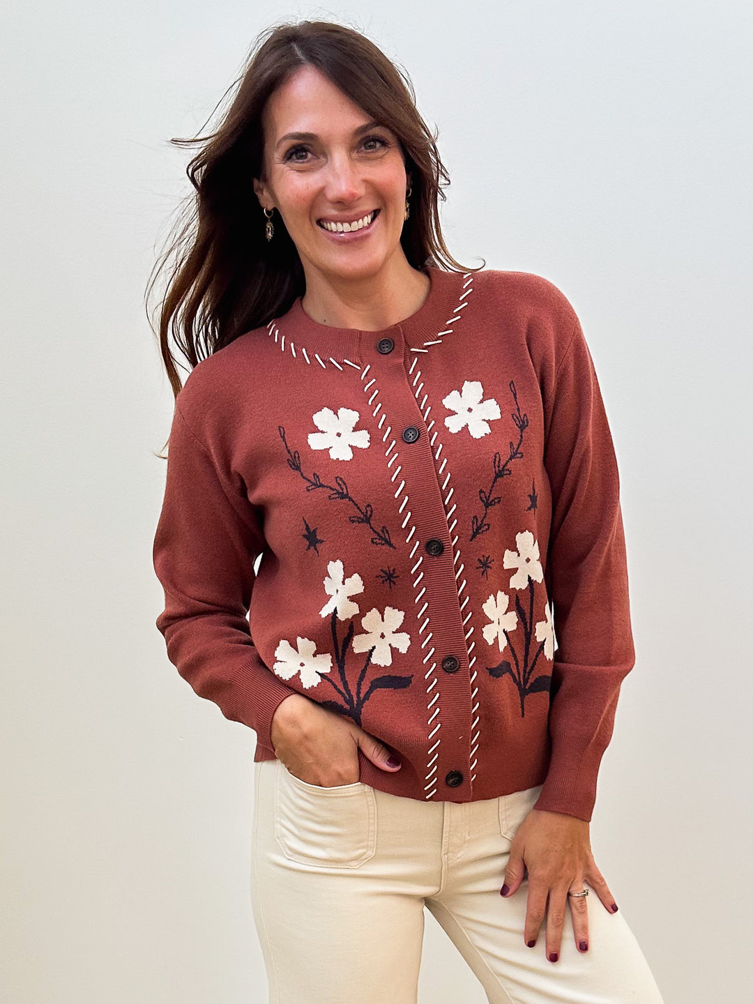 FLORAL PRINTED BUTTON DOWN CARDIGAN - COPPER