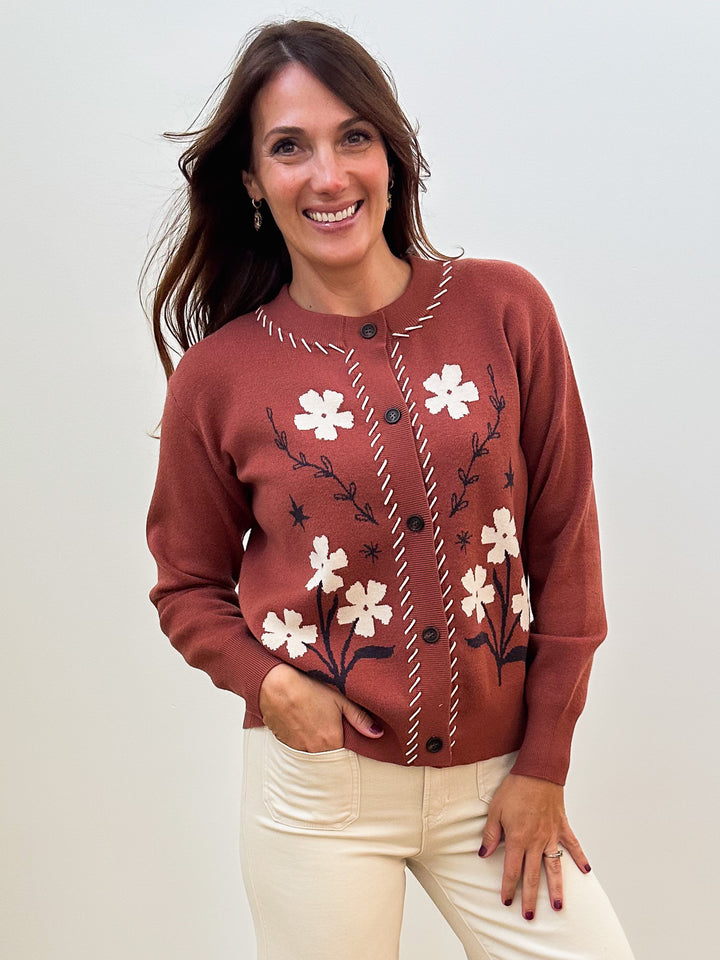 FLORAL PRINTED BUTTON DOWN CARDIGAN - COPPER