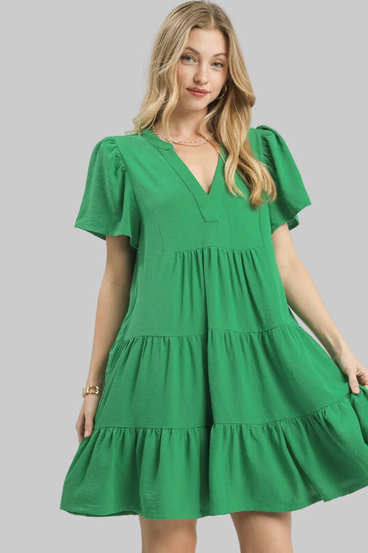 SOLID V-NECK TIERED SHORT DRESS W/FLUTTER SLEEVES - EMERALD GREEN