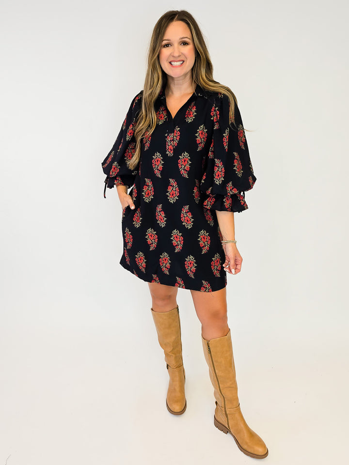 FLORAL PRINT PUFF SLEEVE SHORT DRESS - BLACK