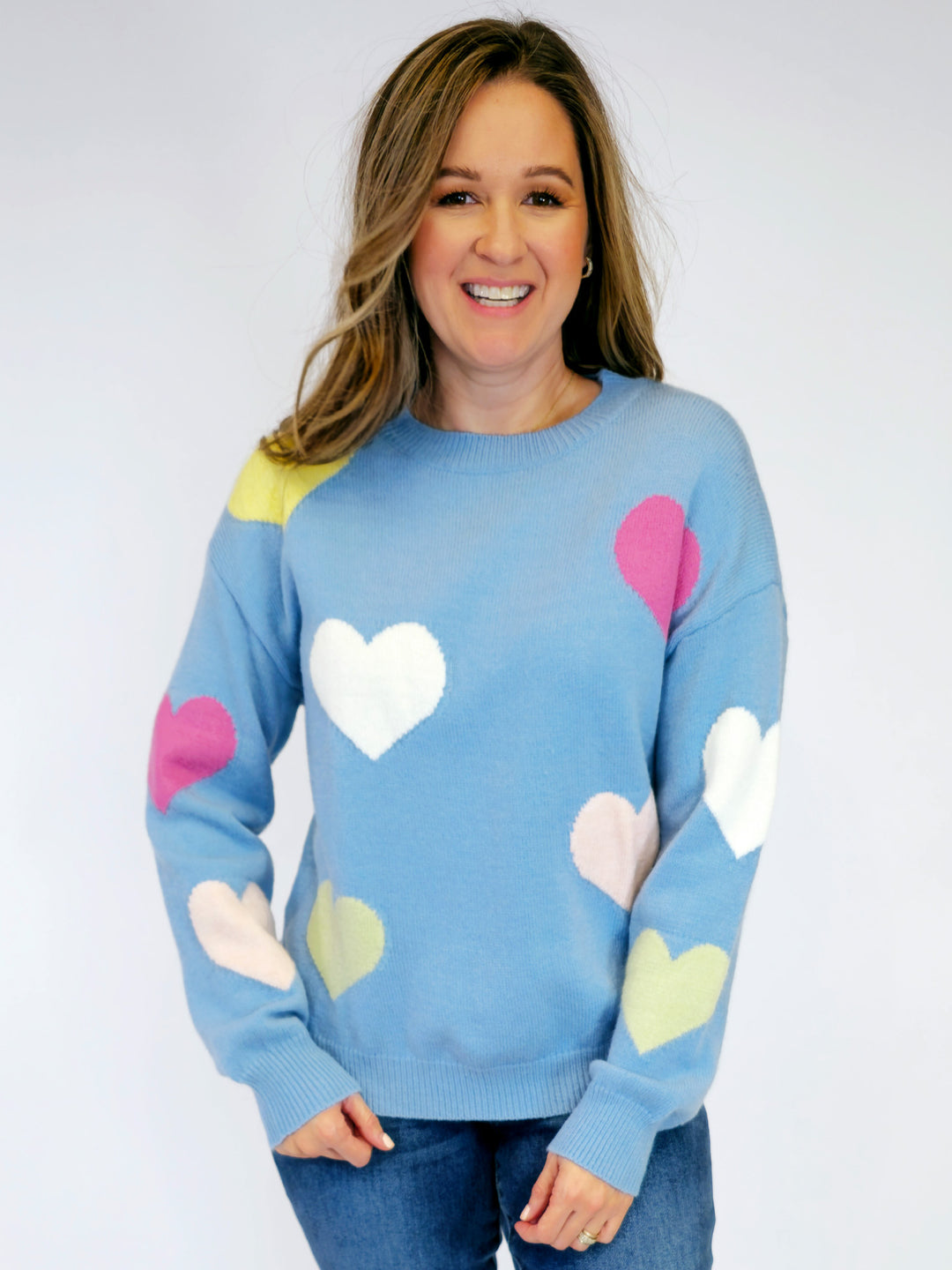 MULTI COLOR HEARTS PULLOVER SWEATER - BLUE