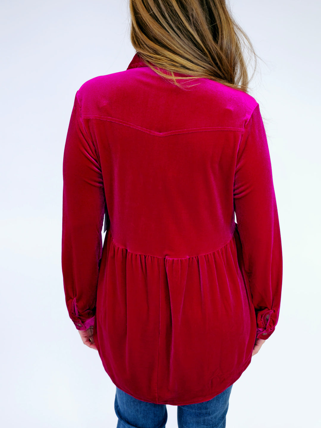 VELVET BUTTON DOWN LONG SLEEVE TUNIC - RASPBERRY