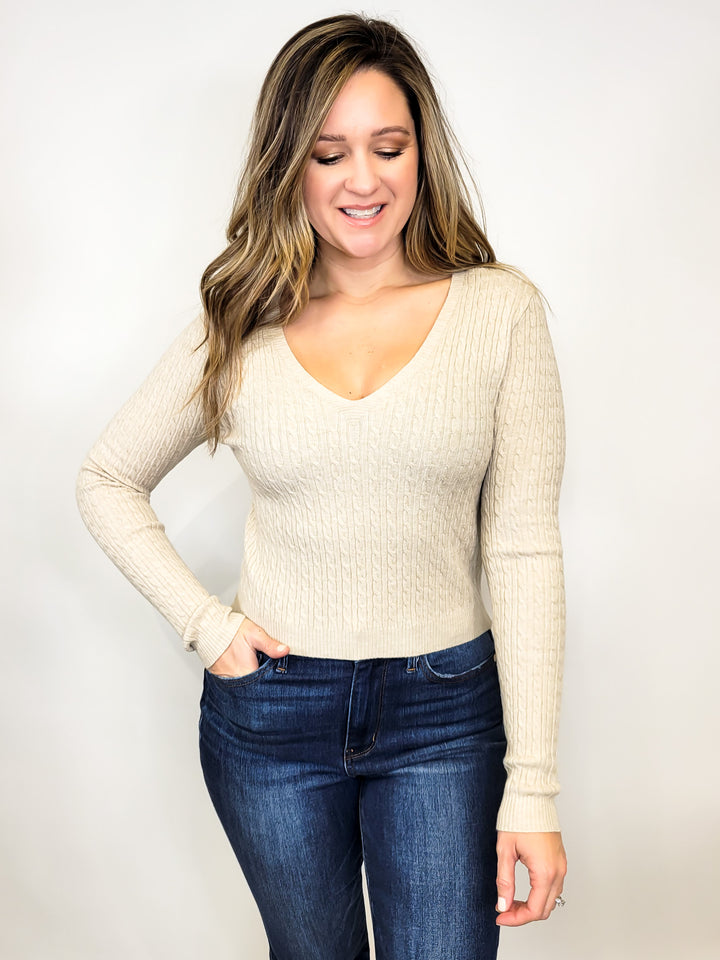 V-NECK LONG SLEEVE CABLE TEXTURE SWEATER - CREAM