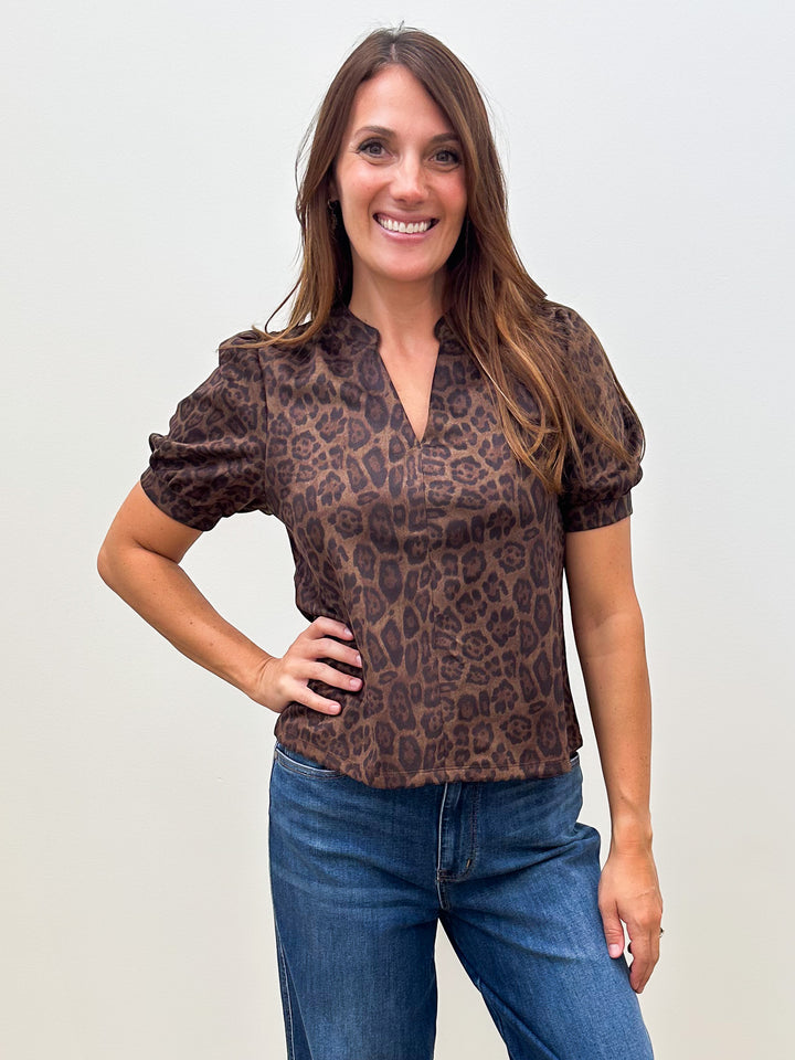 SHORT SLEEVE V-NECK SOFT SUEDE TOP - BROWN