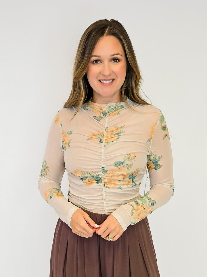 MOCK NECK RUCHING TOP - OATMEAL