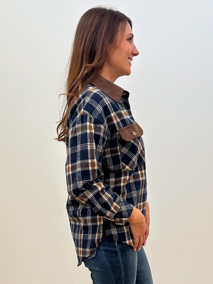 LONG SLEEVE CONTRAST COLLAR BUTTON SHACKET - NAVY