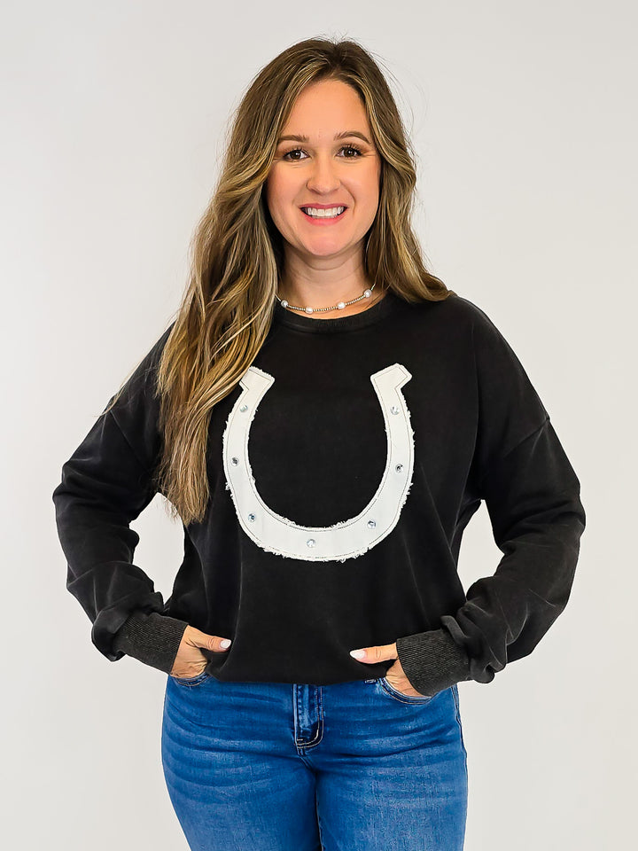 SNOW WASHED HORSE SHOE PULLOVER - ASH BLACK