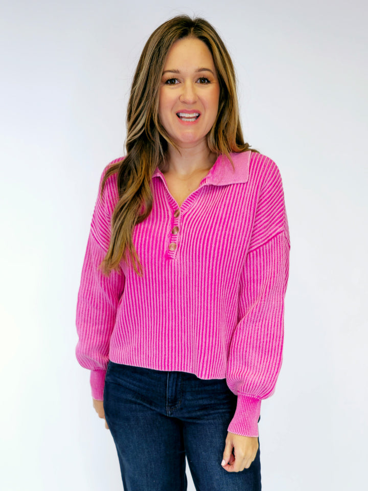 WASHED COLLARED HENLEY SWEATER - FUCHSIA