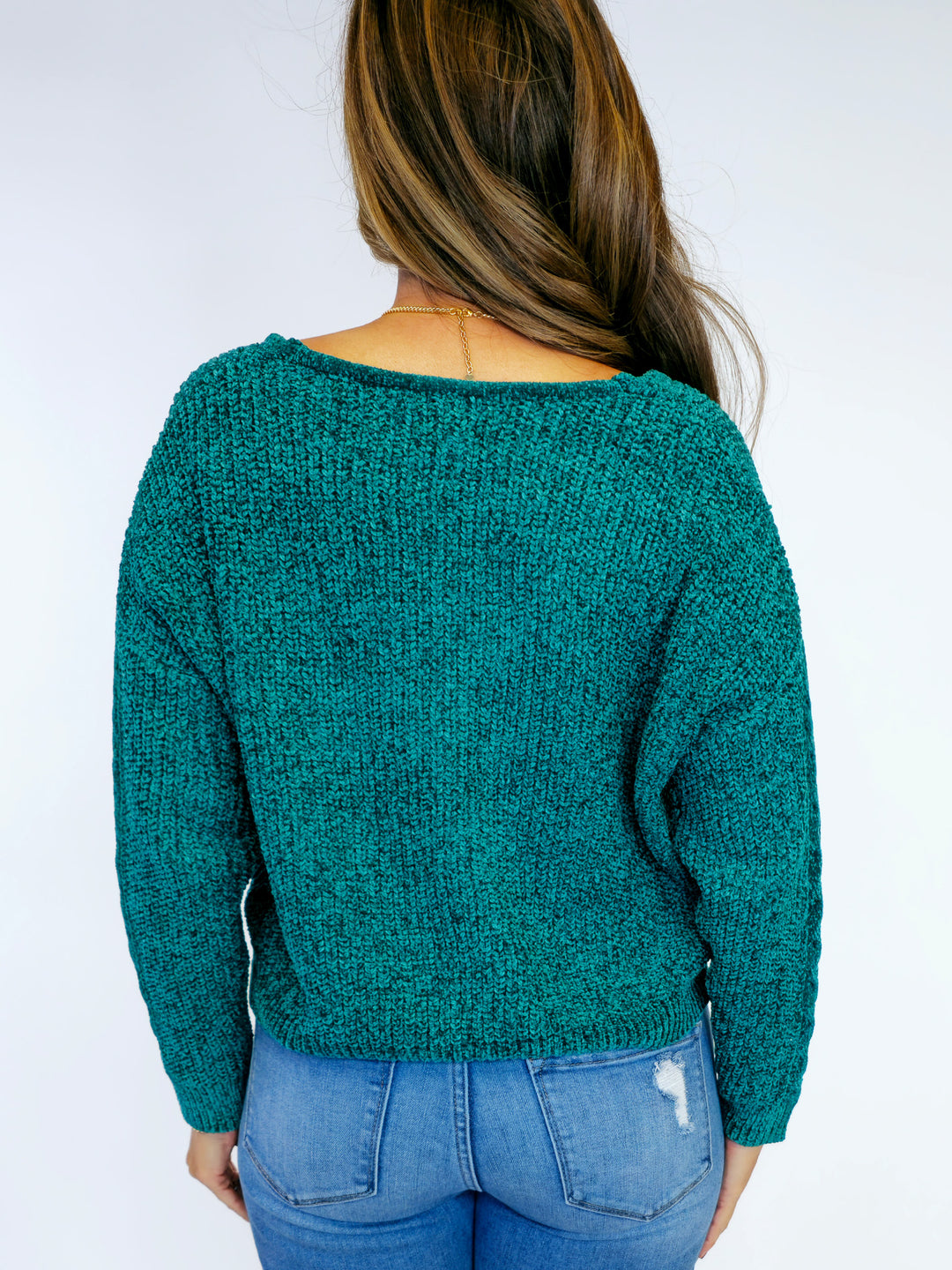 CHENILLE V-NECK SWEATER - TEAL