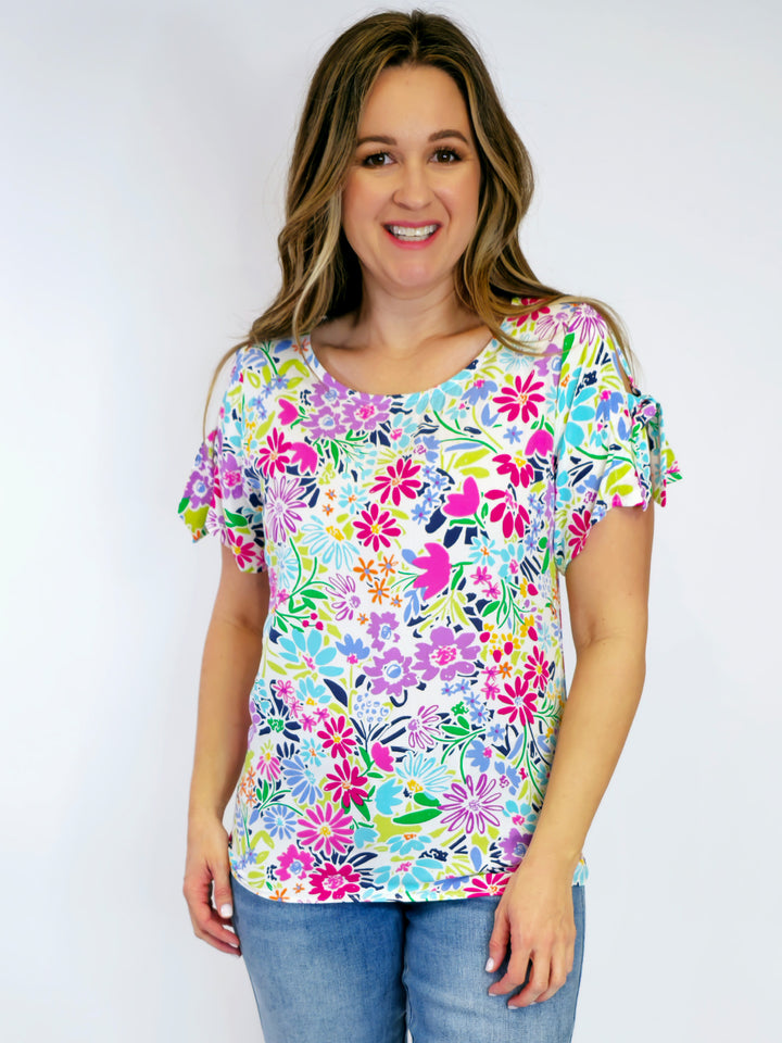TIE SLEEVE FLORAL PRINTED TOP - FUCHSIA/AQUA BRIGHT FLORAL