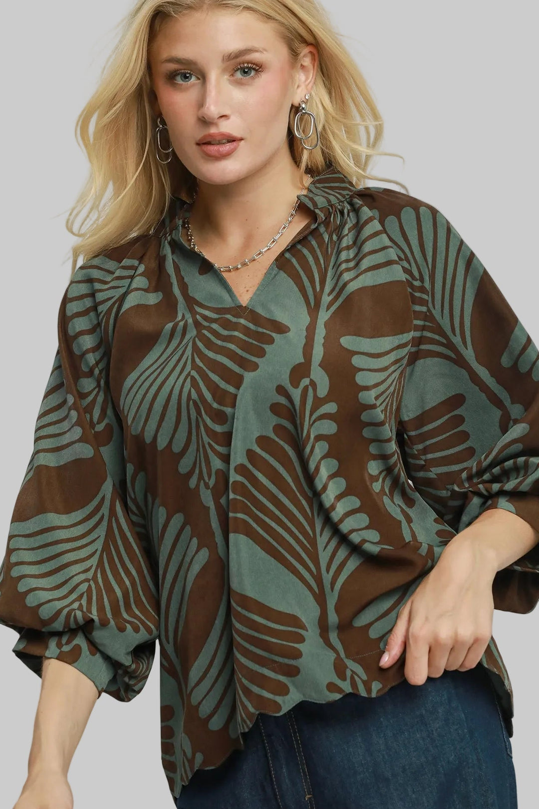 3/4 BALLOON SLEEVE ABSTRACT LEAF BLOUSE - TEAL