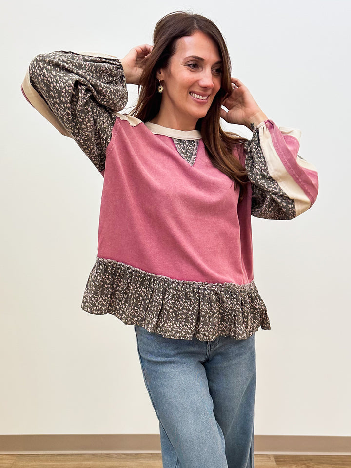 LONG SLEEVE MIX TERRY BABYDOLL TUNIC - MAUVE