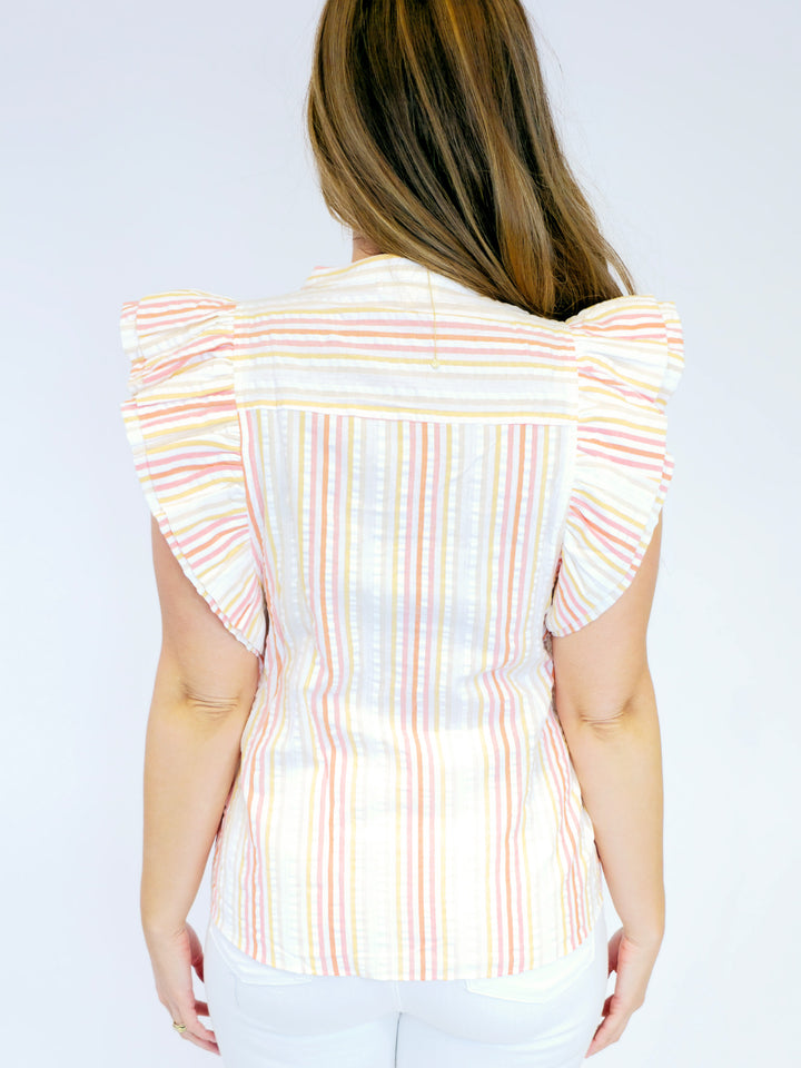 VERTICAL STRIPE FLUTTER SLEEVE TOP - ORANGE