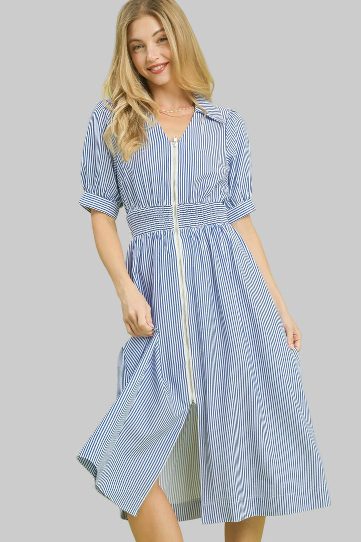 STRIPED COLLARED MIDI DRESS W/FRONT ZIPPER - BLUE