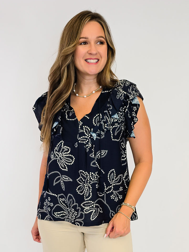 RUFFLE SLEEVE DOTTED FLORAL PRINT TOP - NAVY