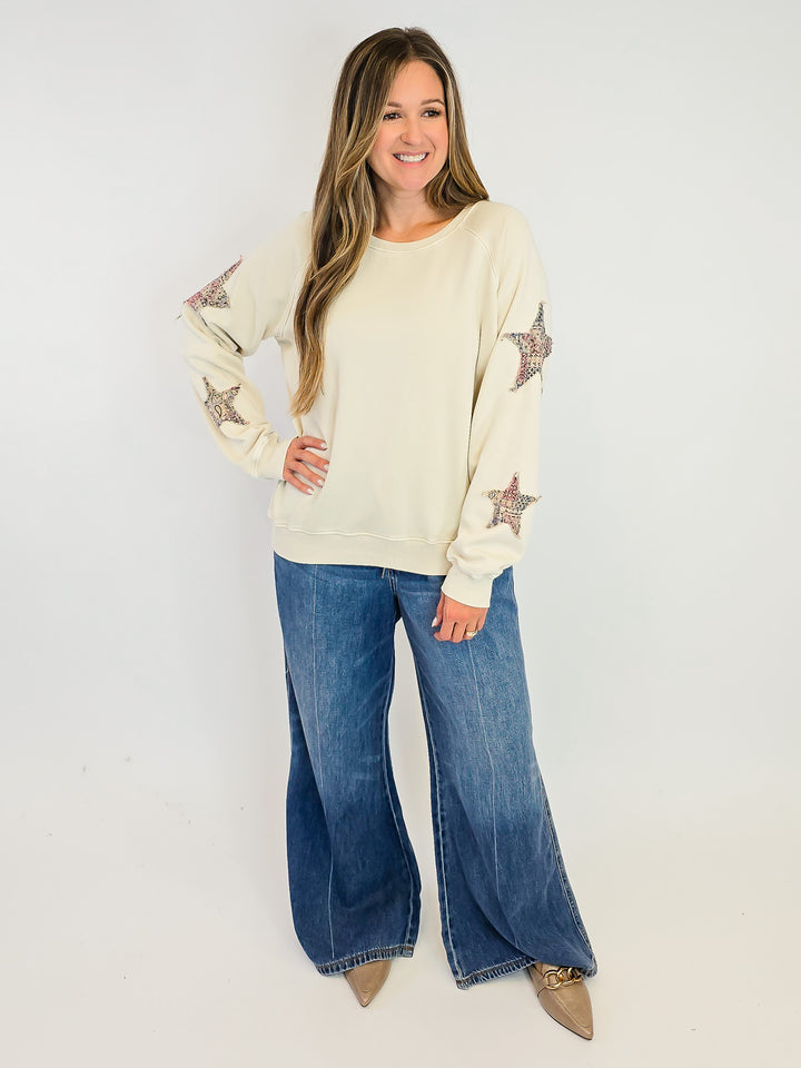 STAR PATCHED WASHED TERRY PULLOVER - ECRU