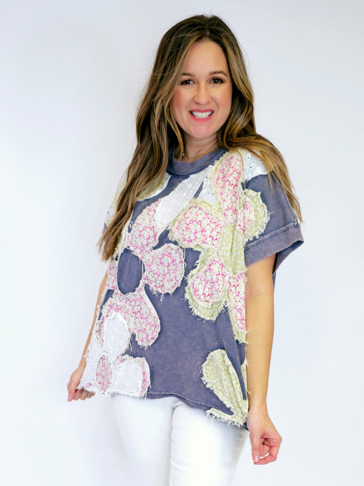 WASHED FLORAL PATCH OVERSIZED TOP - NAVY