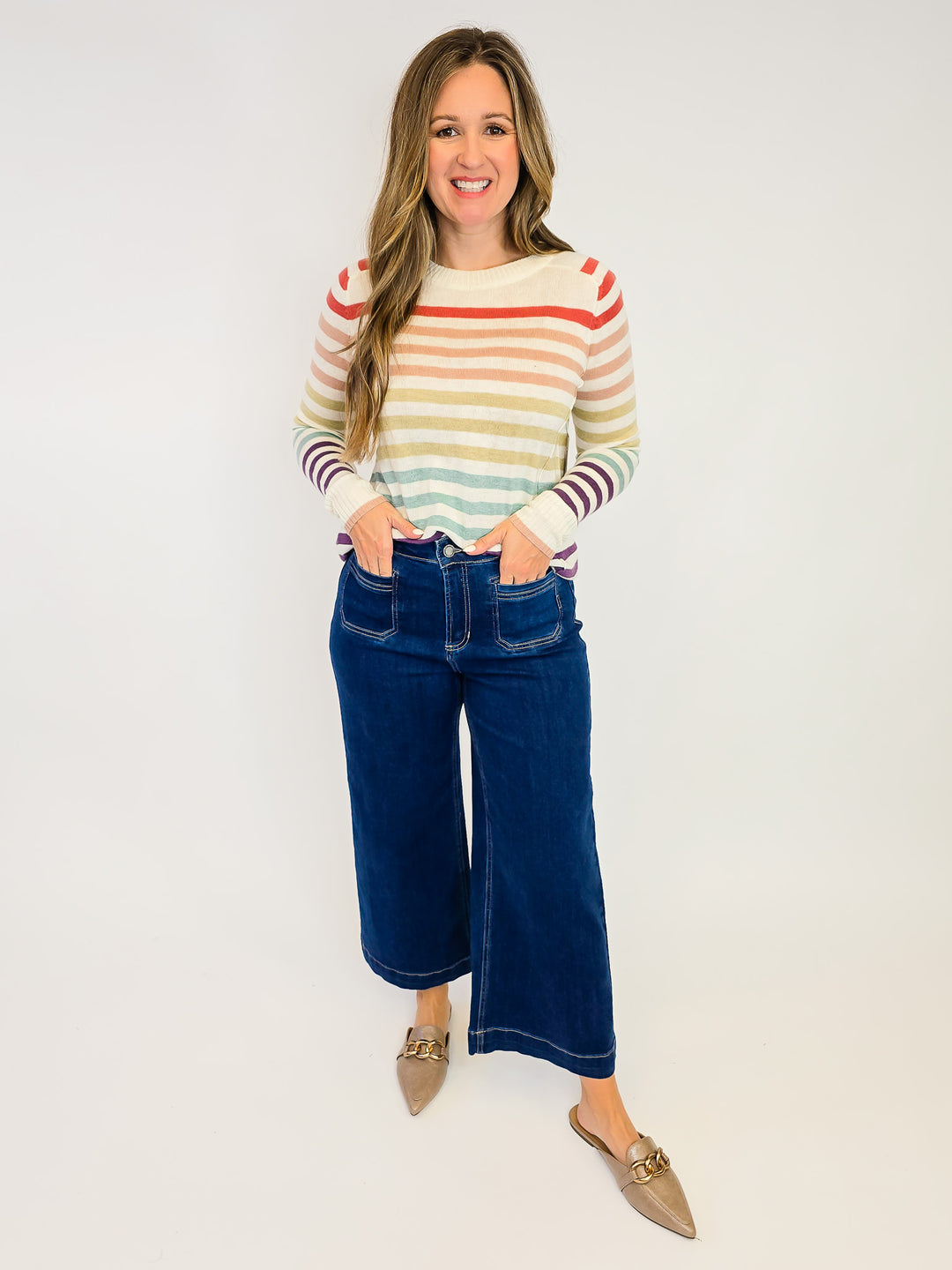 CREW NECK STRIPED SWEATER - RUST/TAUPE