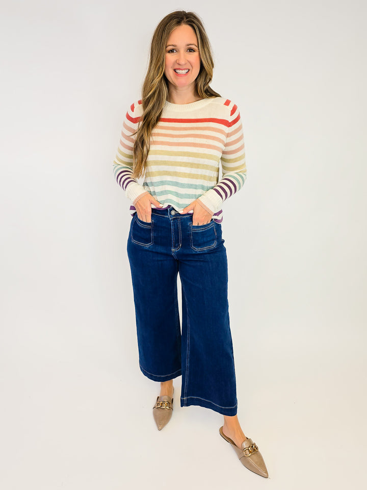 CREW NECK STRIPED SWEATER - RUST/TAUPE