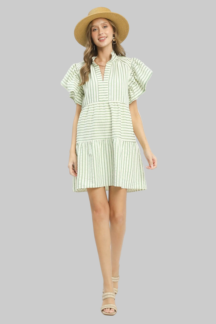 FLUTTER SLEEVE STRIPED BABY DOLL DRESS - SAGE