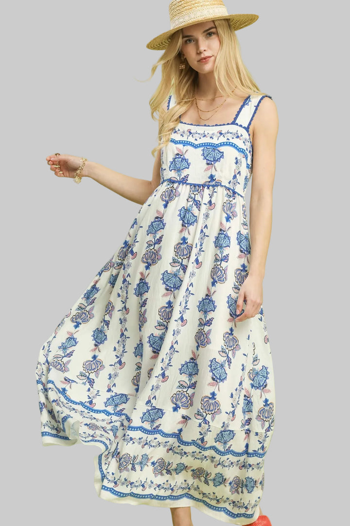 WIDE STRAP FLORAL PRINT TIERED MIDI DRESS - PERI BLUE