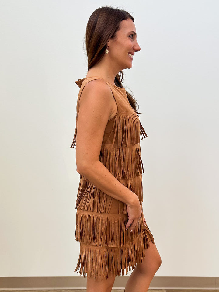 SLEEVELESS FRINGE FAUX SUEDE SHORT DRESS - CAMEL