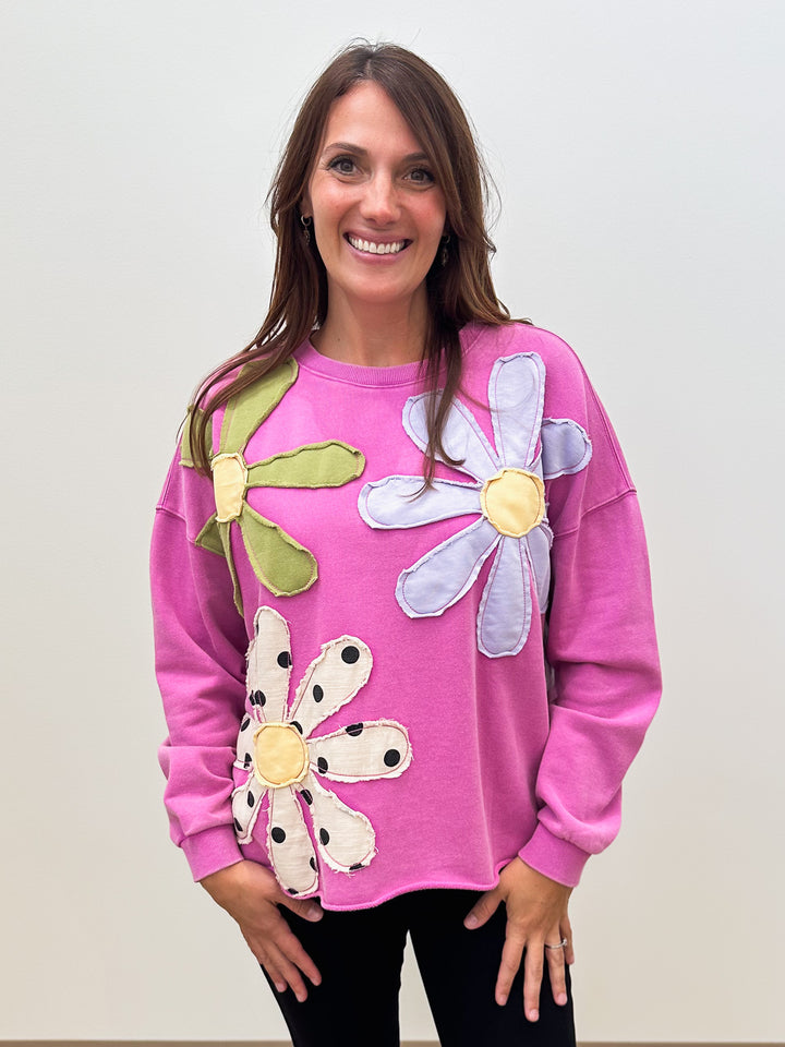 OVERSIZED FLORAL PATCH PULLOVER - DRAGON FRUIT