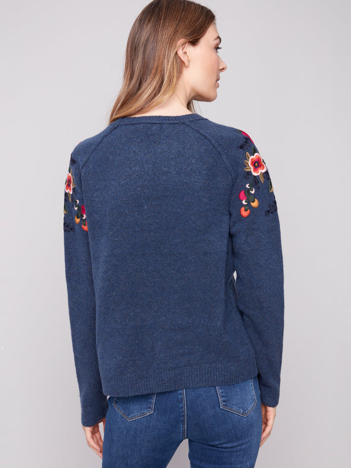 EMBROIDERED RAGLAN SLEEVES SWEATER - DENIM