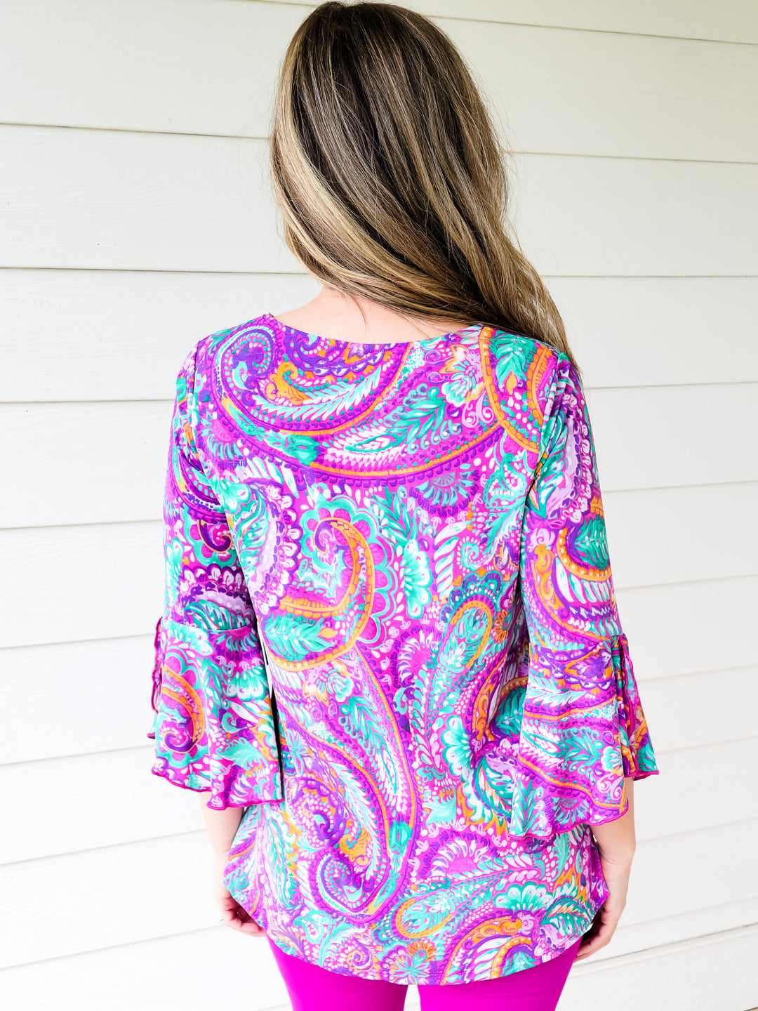 DEAR SCARLETT STRETCHY TIE FRONT TOP 3/4 SLEEVES - TEAL PURPLE PAISLEY