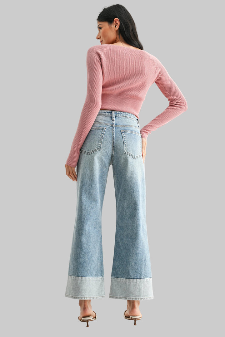 JBD LOW RISE TWO TONED HEM SEAMED SLIM WIDE JEANS - LIGHT DENIM - 29" INSEAM