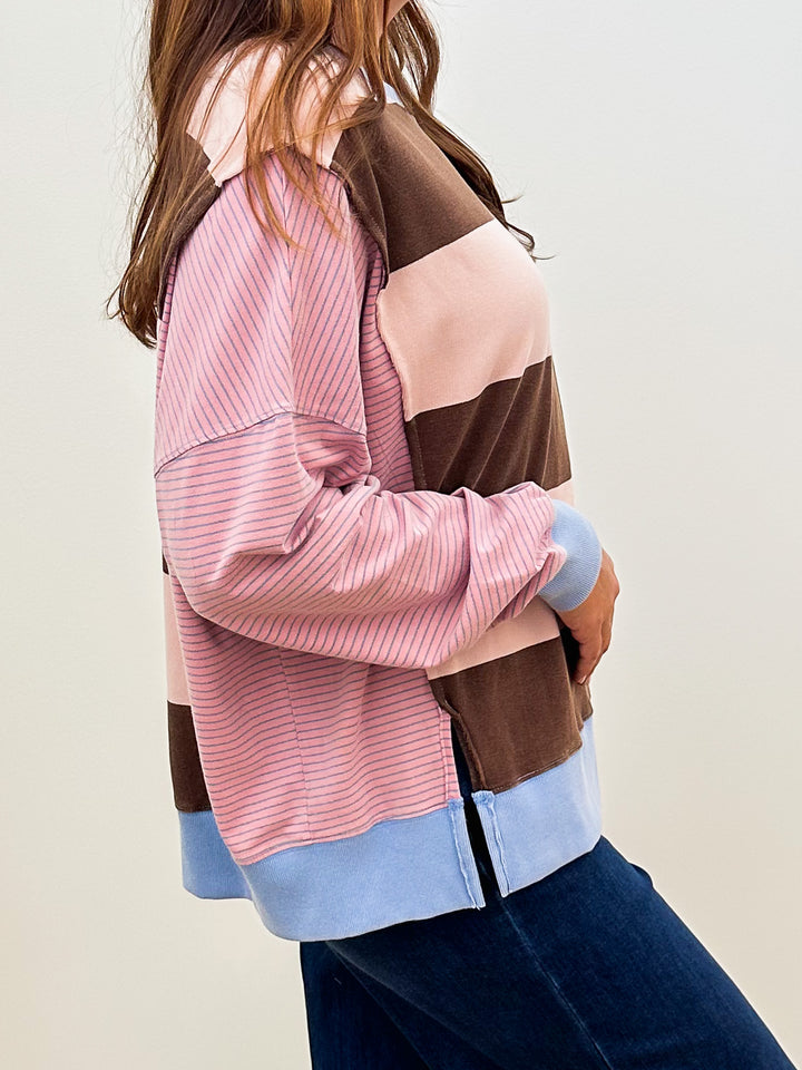 L/S STRIPE MIX WASHED TERRY OVERSIZED PULLOVER - STRAWBERRY CHOCOLATE