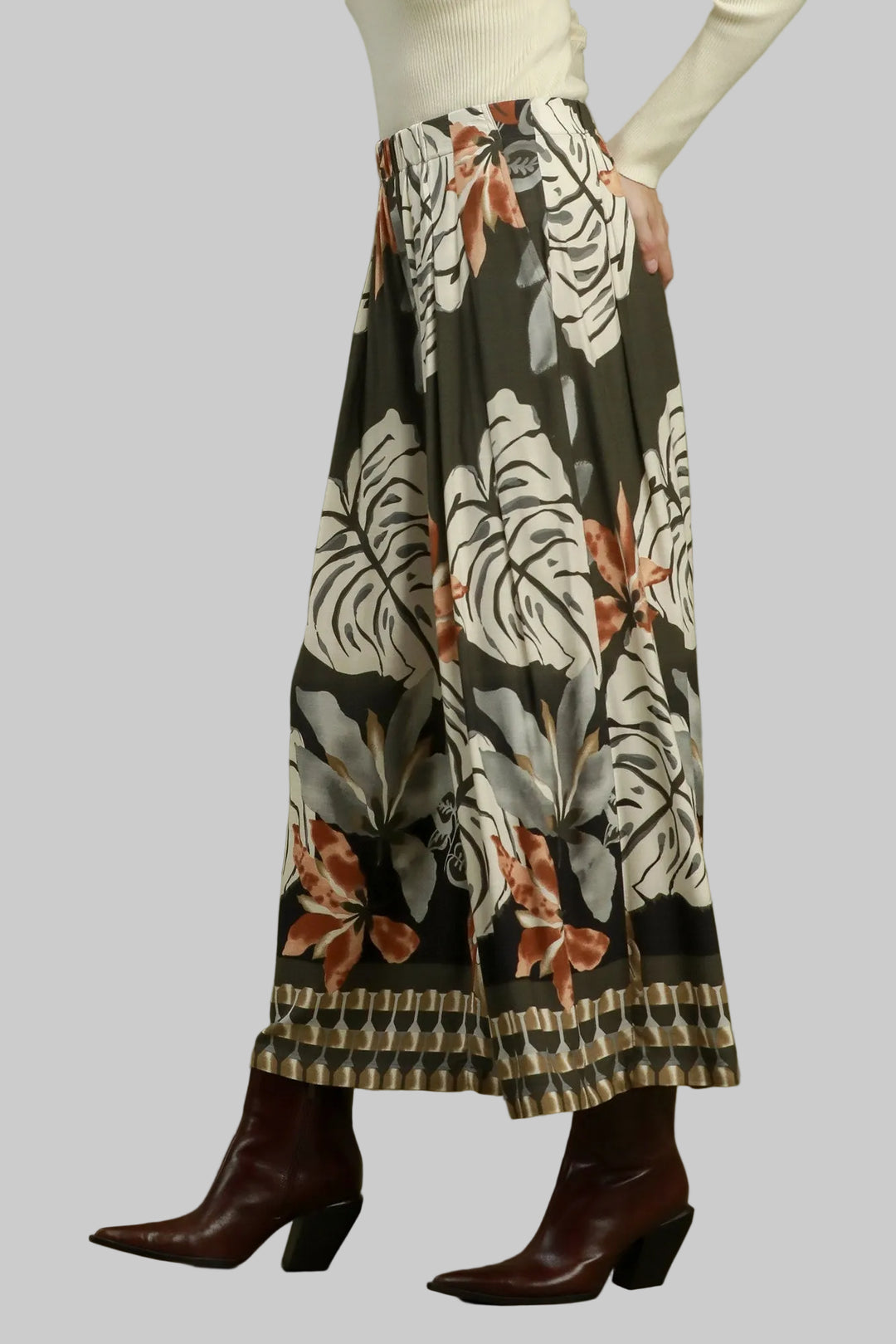 TROPICAL PRINT WIDE LEG PALAZZO PANTS - ESPRESSO/ASH