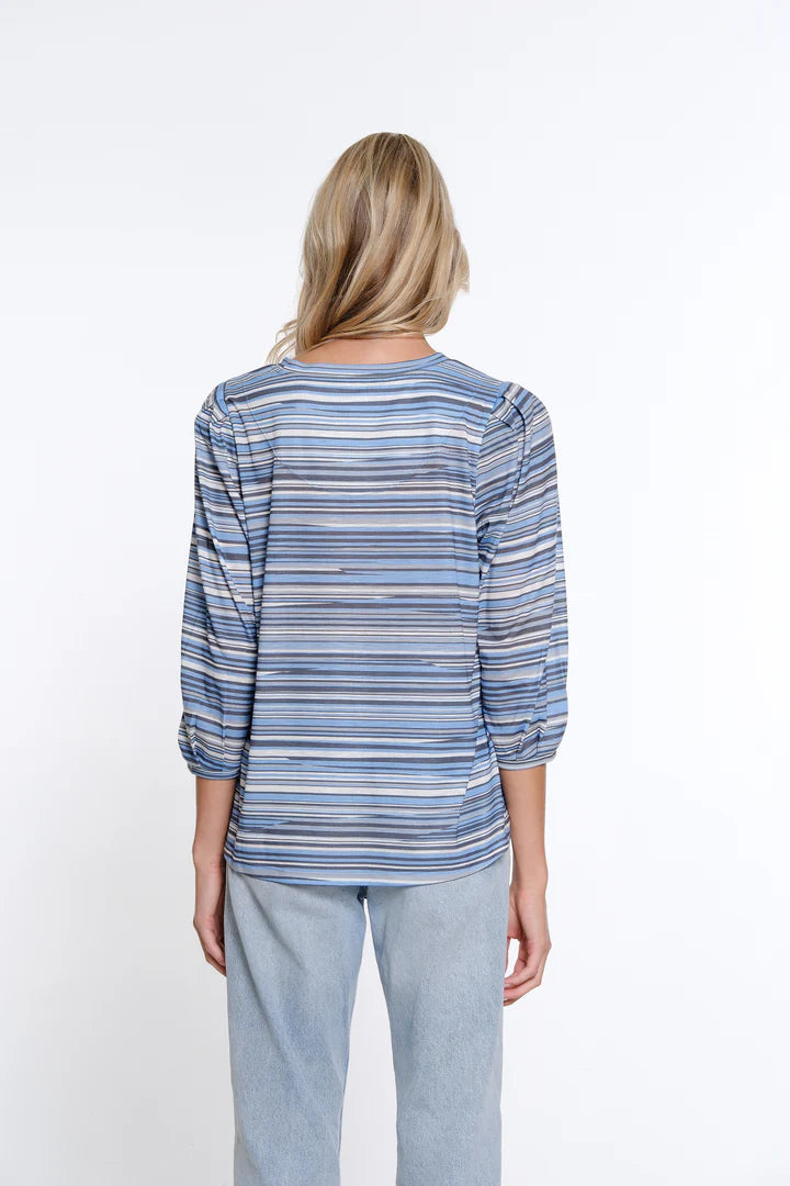 3/4 TUCK SLEEVE SCOOP NECK MULTI PANEL TOP - BLUE/GREY STRIPED