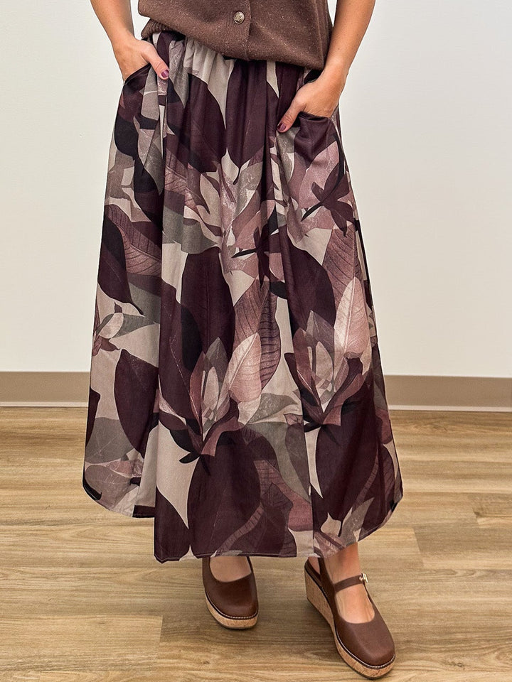LEAFY PRINT FLOWY MAXI SKIRT - BROWN