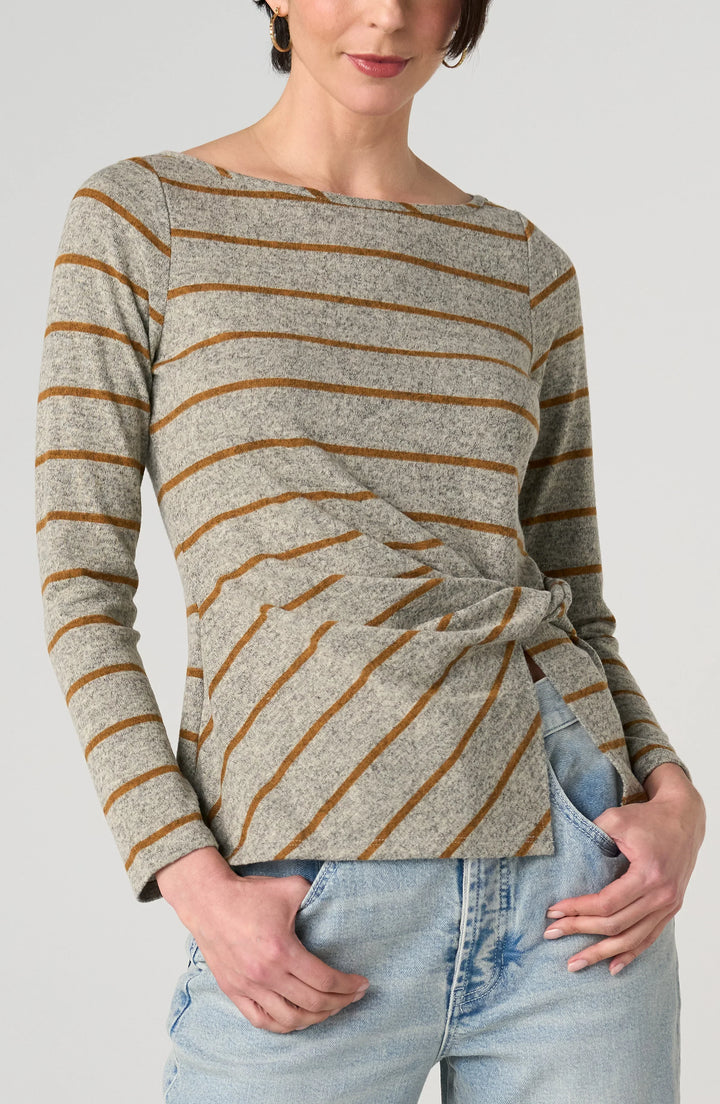 LONG SLEEVE BOAT NECK KNIT TOP W/TWIST DETAIL - GRAY/YELLOW STRIPE