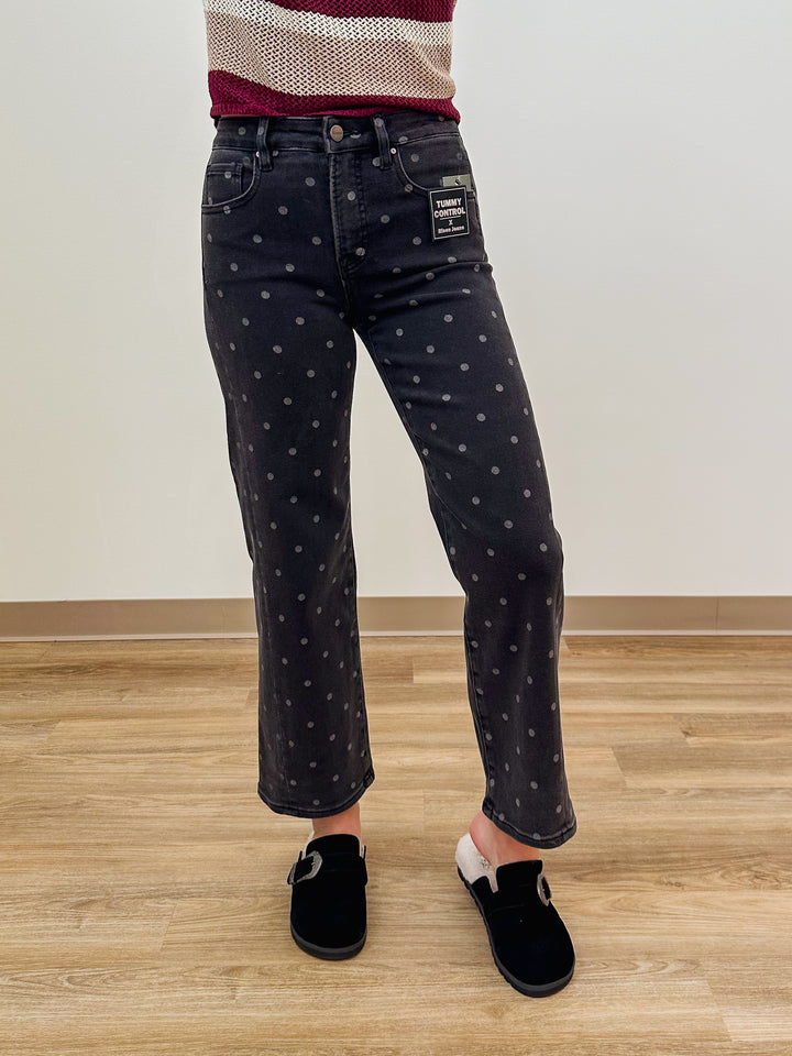 RISEN HR ANKLE STRAIGHT POLKA DOT PRINT PANTS - GREY - 28" INSEAM