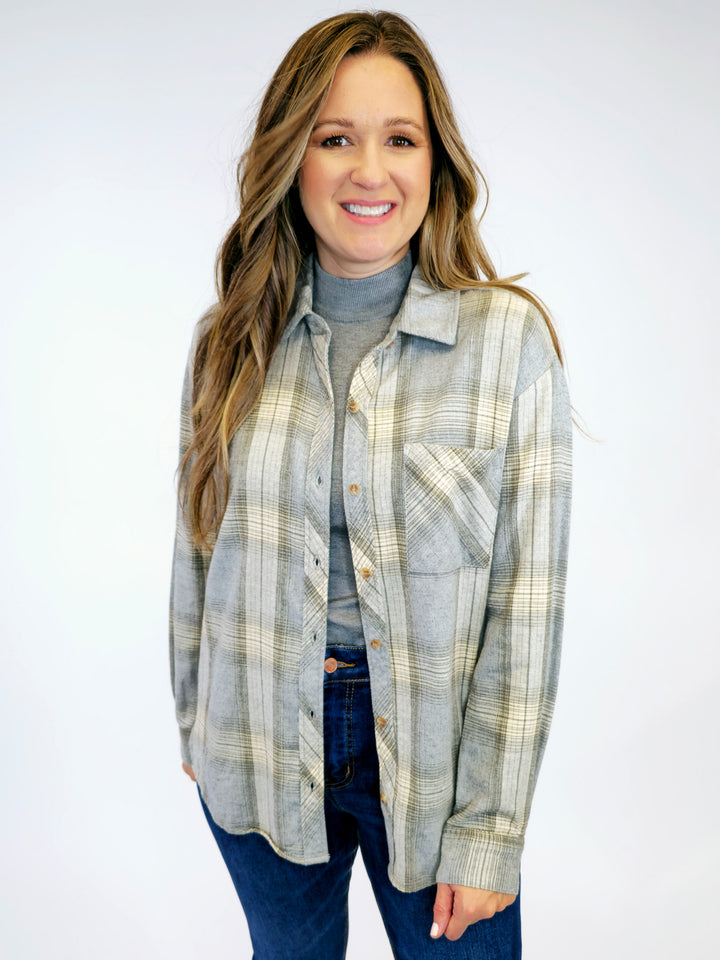 OVERSIZE LONG SLEEVE BUTTON UP FLANNEL - SAGE