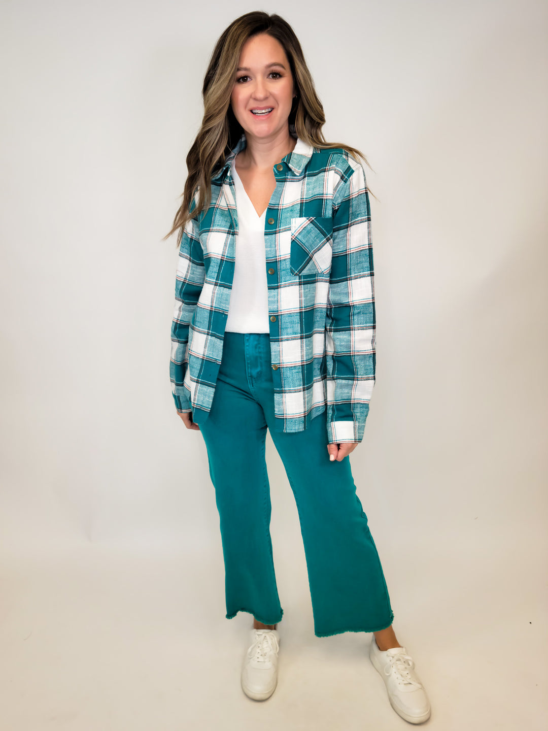 PLAID BUTTON UP TOP - TEAL