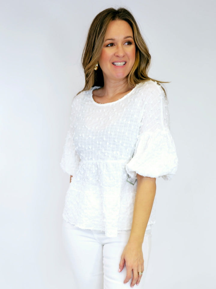 SWISS DOT PEPLUM BELL SLEEVE TOP - WHITE