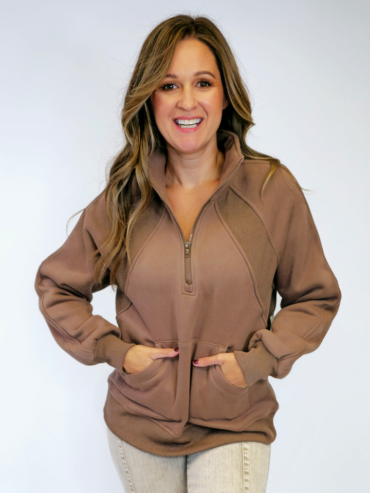 HALF ZIP LONG SLEEVE KNIT TOP W/POCKET - MOCHA