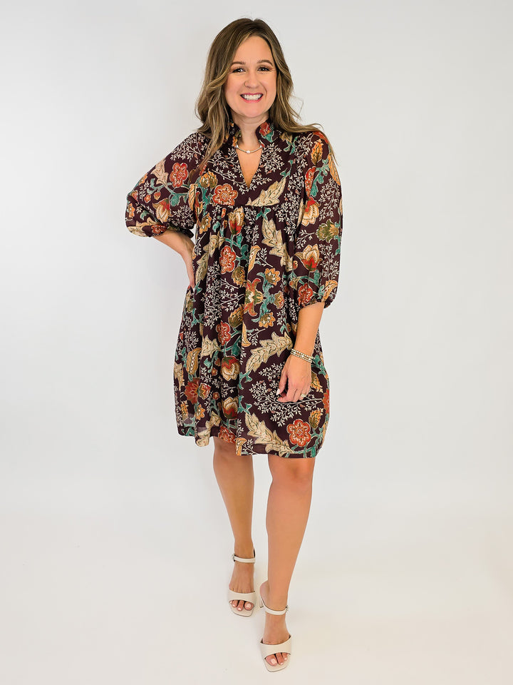 FLORAL PRINT SHORT DRESS - BROWN