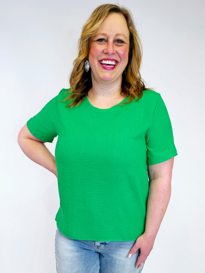 SHORT SLEEVE LINEN AIRFLOW TOP - KELLY GREEN