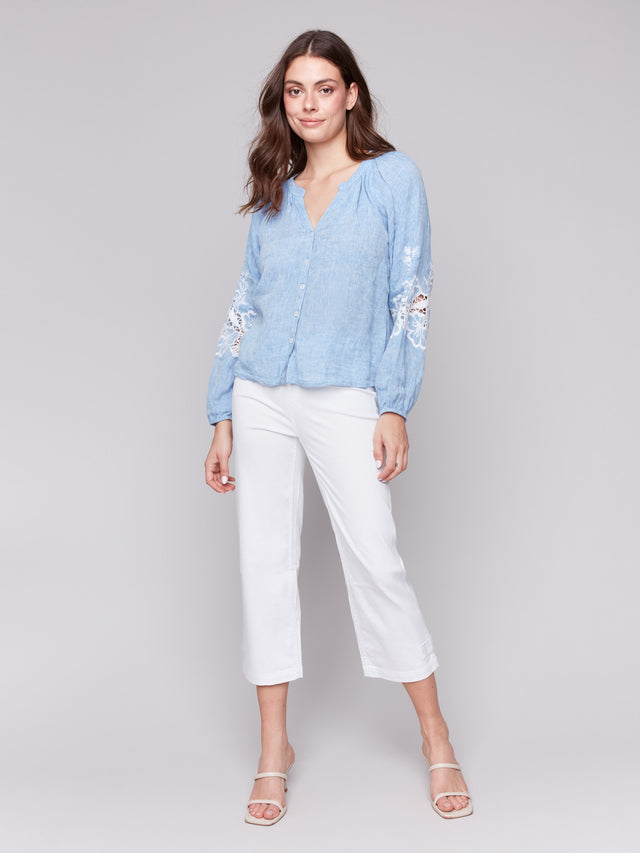 RAGLAN LONG SLEEVES BLOUSE W/EMBROIDERY - CHAMBRAY