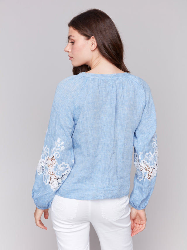 RAGLAN LONG SLEEVES BLOUSE W/EMBROIDERY - CHAMBRAY