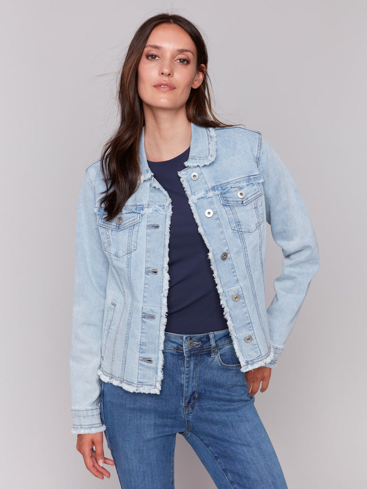 JEAN JACKET WITH FRAYED EDGES - BLEACH BLUE